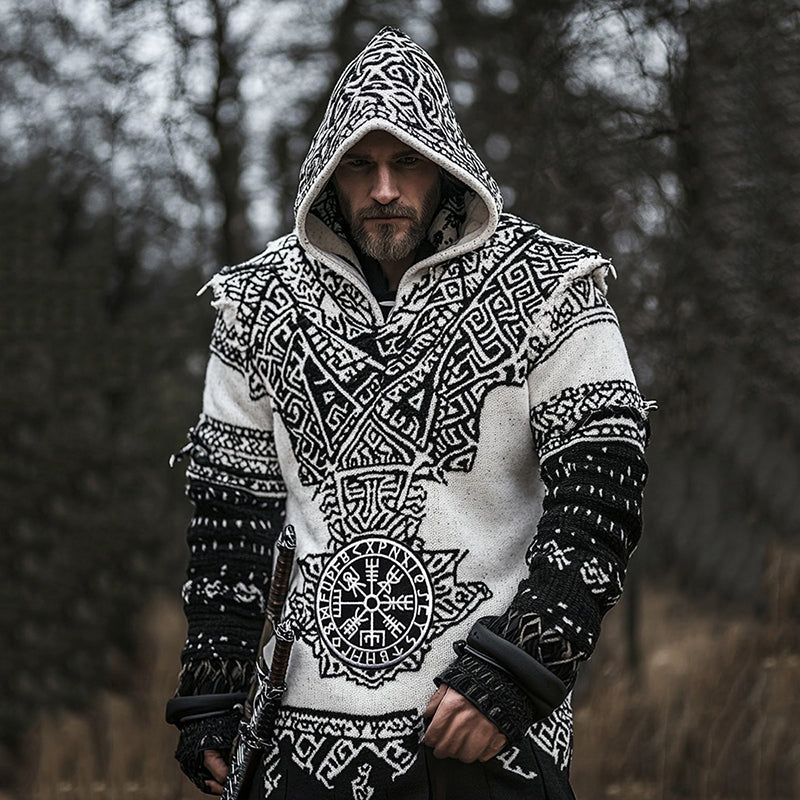Men's Vintage Viking Runes Inspired Celtic Jacquard Hooded Sweater artswardrobe