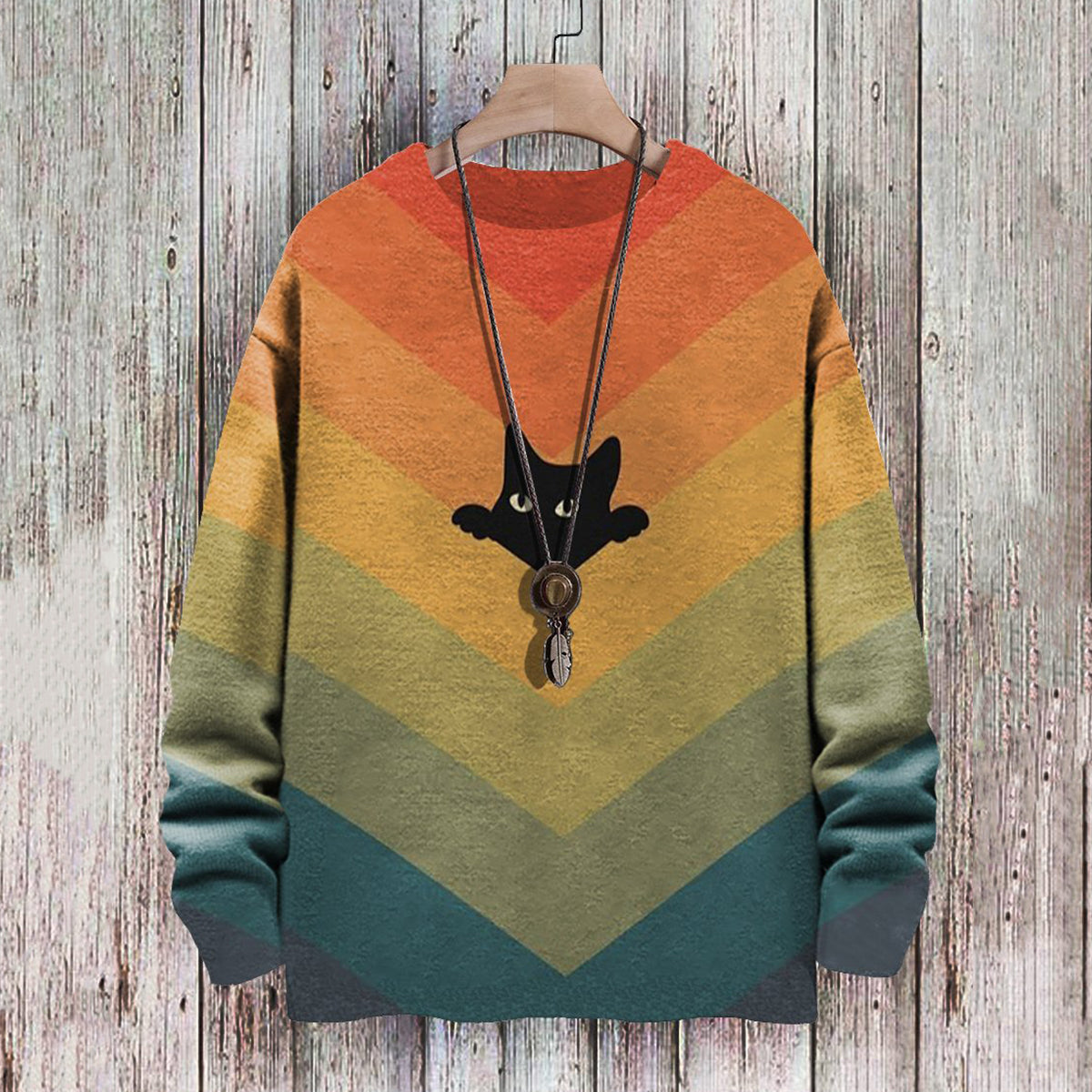 Vintage Black Cat Hiding In Rainbow Stripes Pullover Print Casual Sweater elevenforest