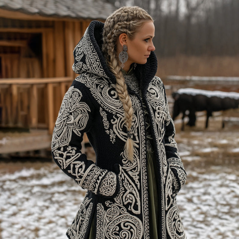 Women's Vintage Viking Celtic Knit Cozy Zipper Pocket Sweater Jacket artswardrobe