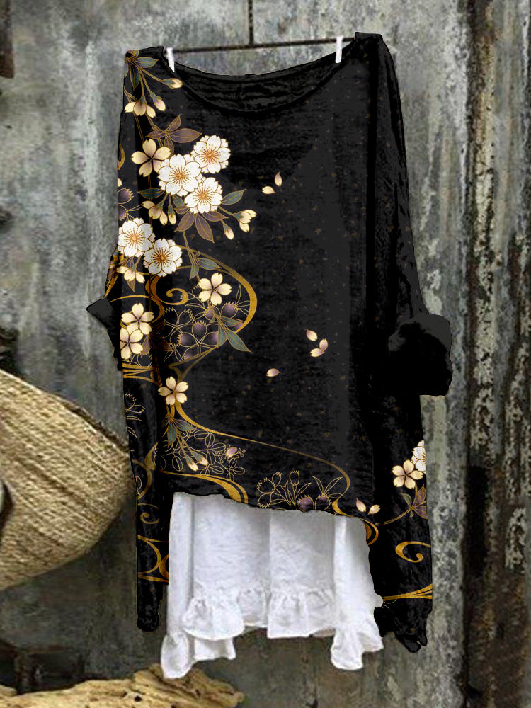 Comstylish Japanese Cherry Blossoms Art Linen Blend Flowy Tunic
