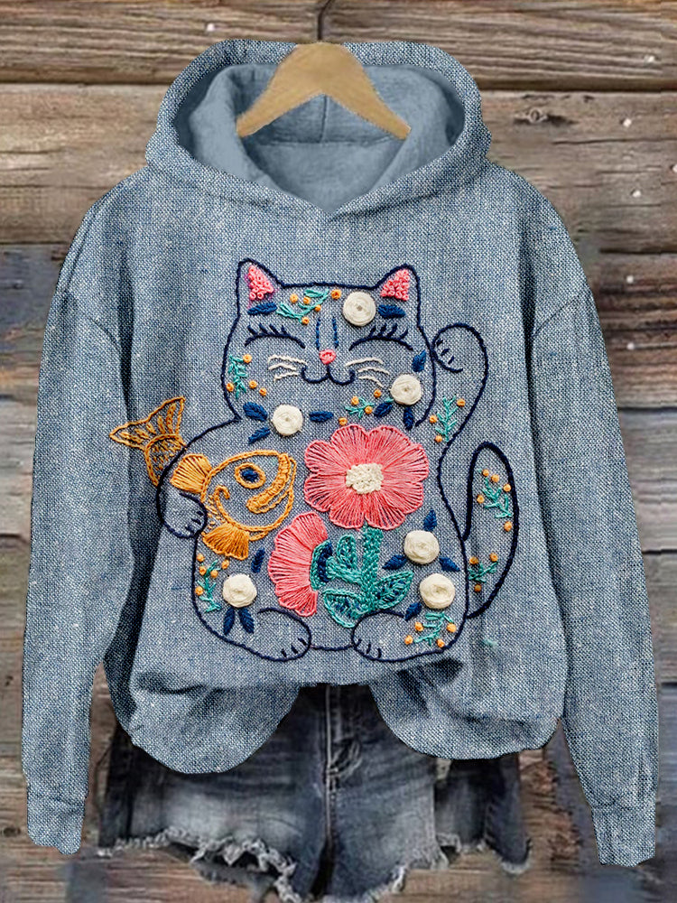 Maneki Neko Cat Embroidered Comfy Hoodie elevenforest