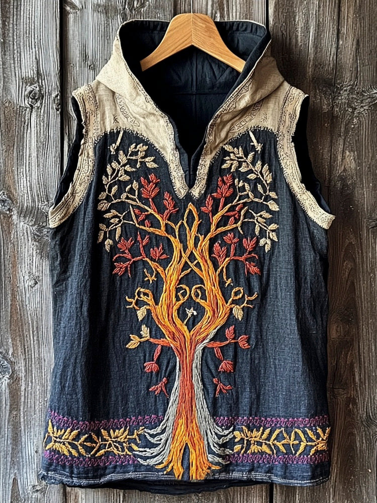 Nordic Mythology Tree Of Life Vintage Embroidered Men's Hooded Tank Top artswardrobe
