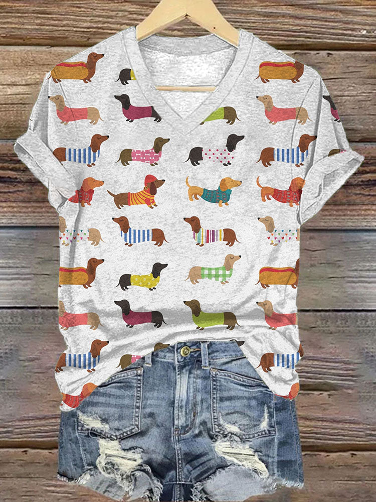 Comstylish Dachshunds Print V-neck Short Sleeve T-Shirt