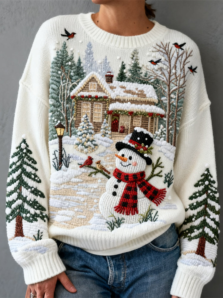 Christmas Tree & Snowman Embroidered Women's Knit Sweater