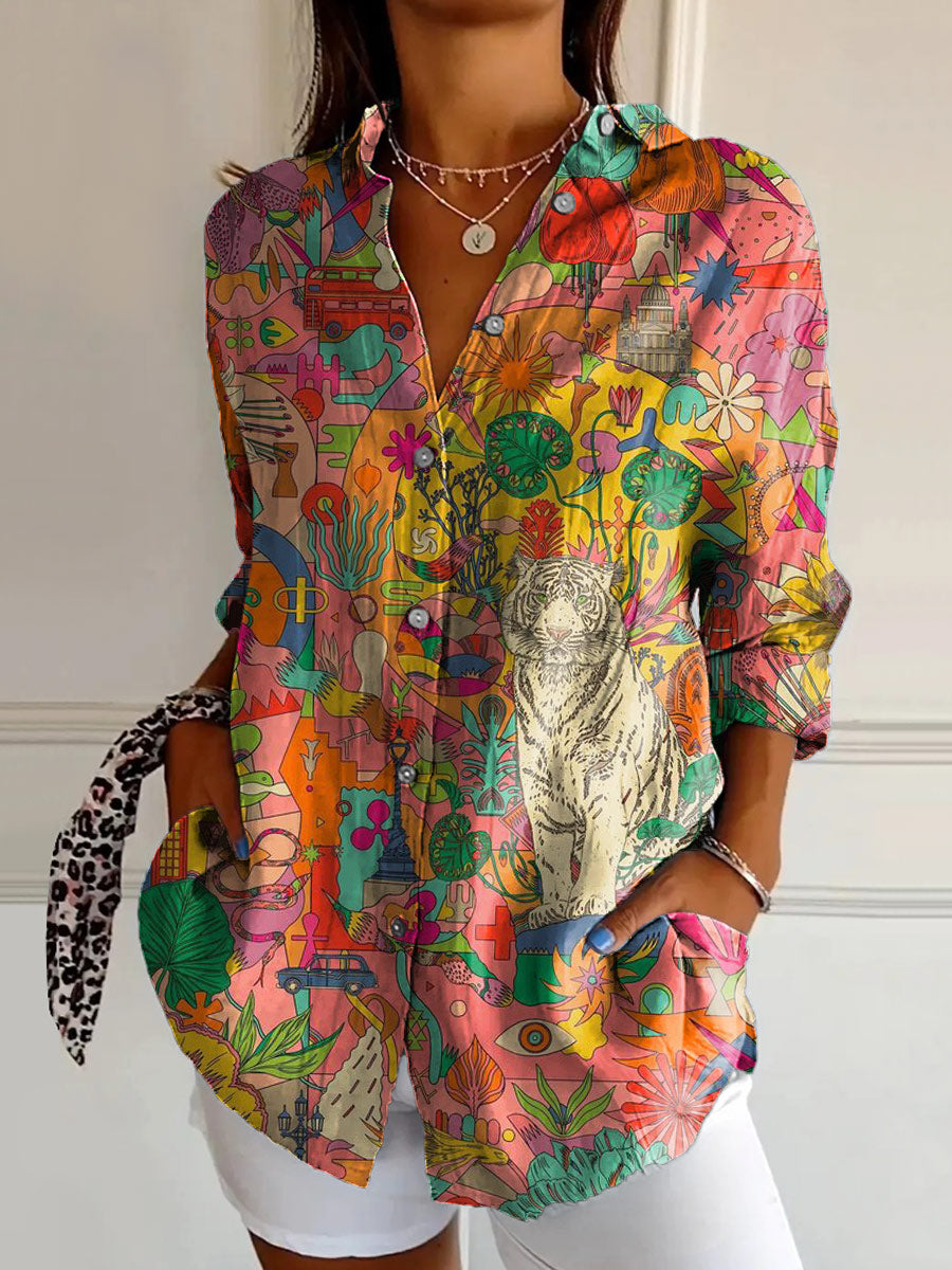 Women's Hippie Art Floral Print Long Sleeve Shirt