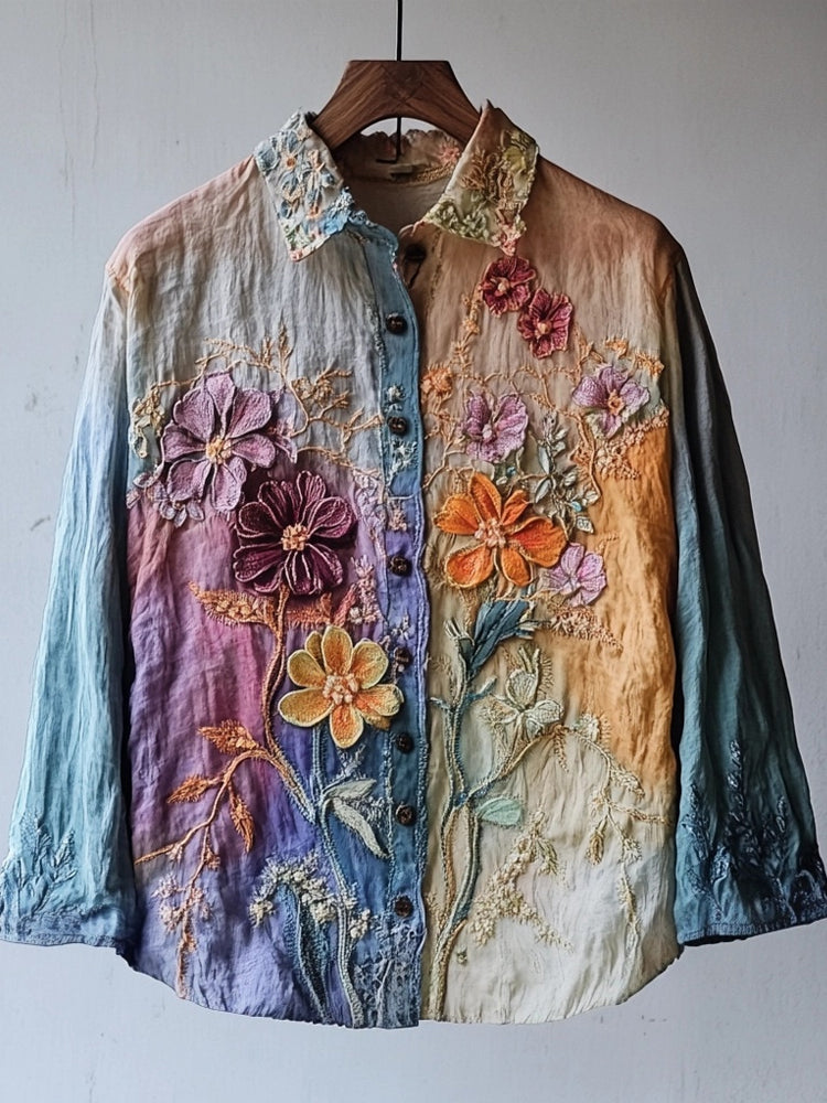 Vintage Lace Floral Embroidered Gradient Dyed Linen Blouse artswardrobe