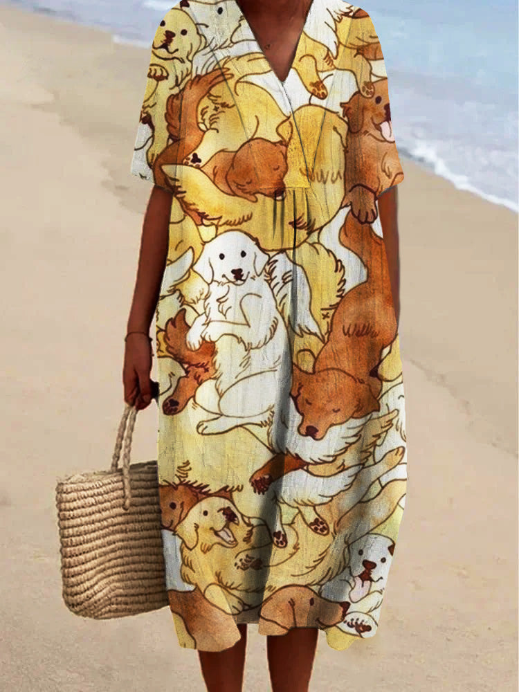 Elegant Cute Puppy Printed Women's Casual Cotton And Linen