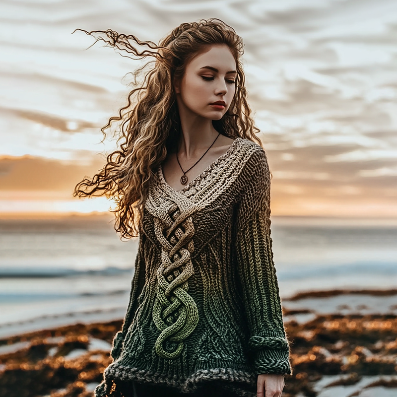 Women's Irish Green Pattern Jacquard Cozy V-neck Sweater artswardrobe