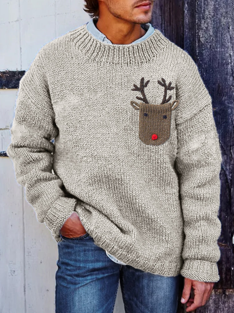 Comstylish Men's Christmas Reindeer Pocket Crochet Cozy Sweater