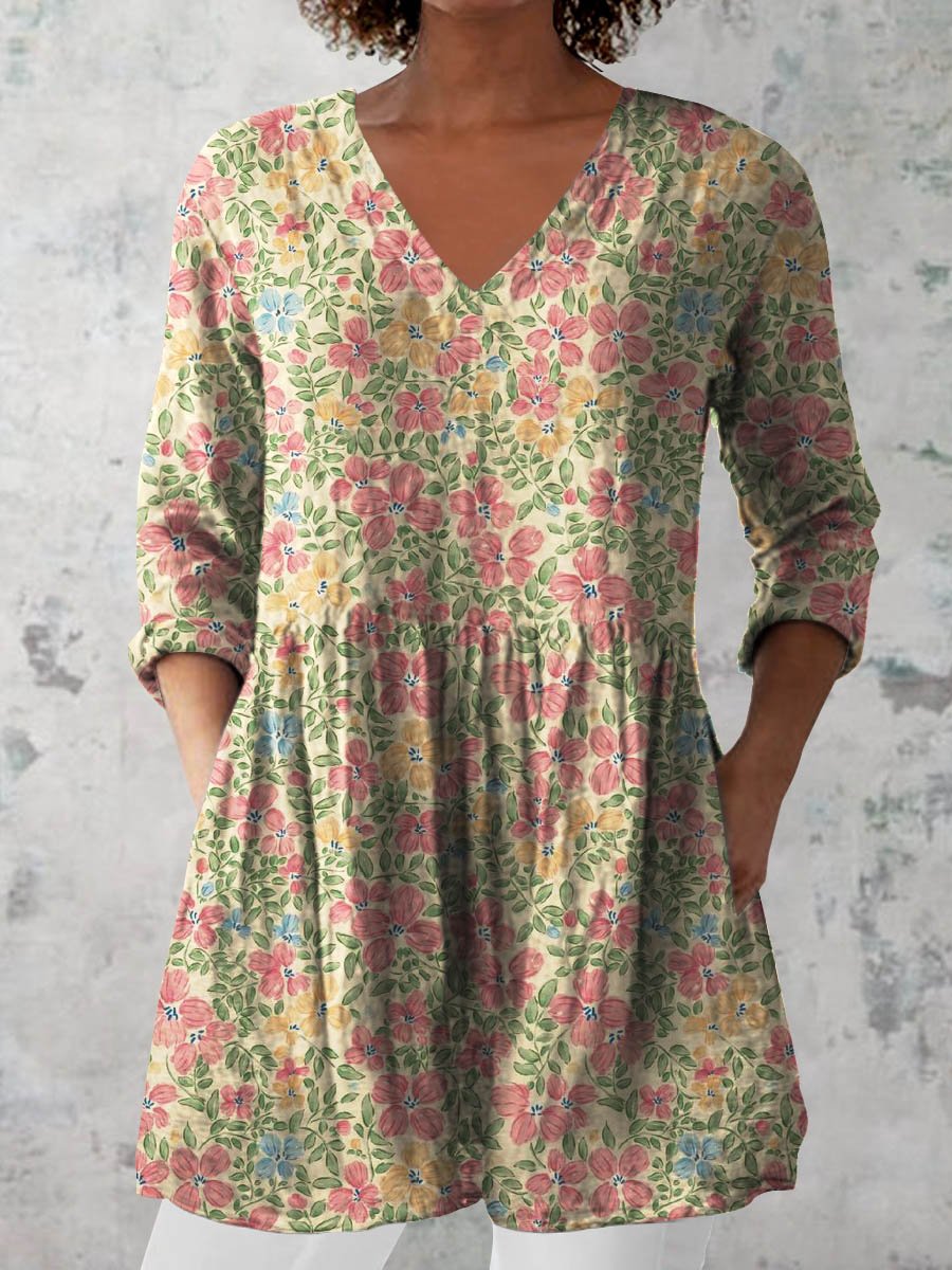 Women's Retro Floral Art Print Casual Cotton And Linen V-neck Top