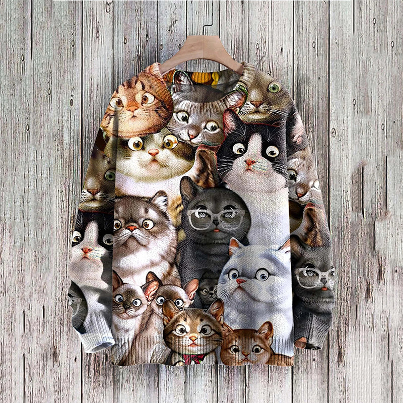 Cute And Funny Crowded Cat Art Pattern Print Casual Knitted Pullover Sweater elevenforest