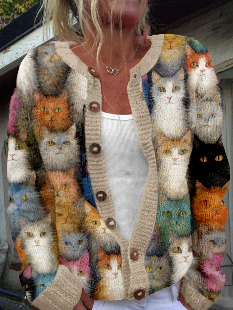 Whimsical Crowded Cats Pattern Cozy Knit Sweater elevenforest