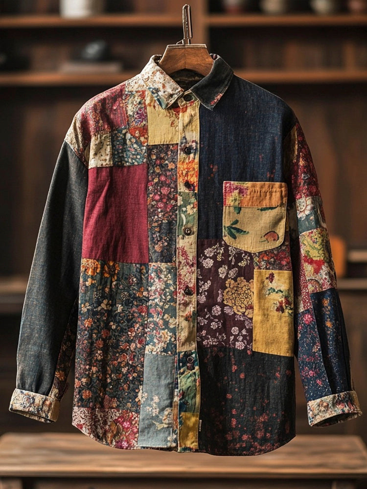 Boho Floral Patchwork Fabric Men's Vintage Linen Shirt artswardrobe