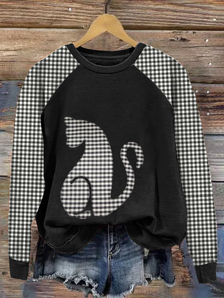 Cute Cat Plaid Print Vintage Sweatshirt elevenforest