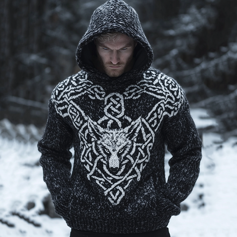 Men's Viking Tribal Wolf Jacquard Celtic Inspired Chunky Knit Hooded Sweater elevenforest