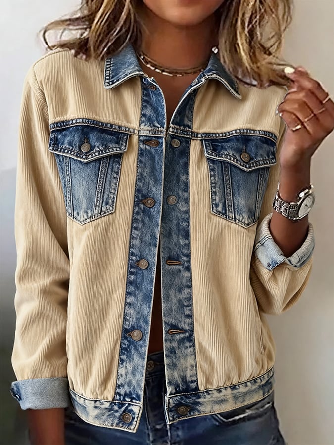 Women'S Casual Lapel Denim Patchwork Corduroy Jacket