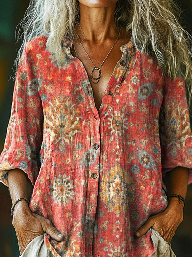 Women's Retro Ethnic Totem Floral Art Pattern Print Casual Cotton Line