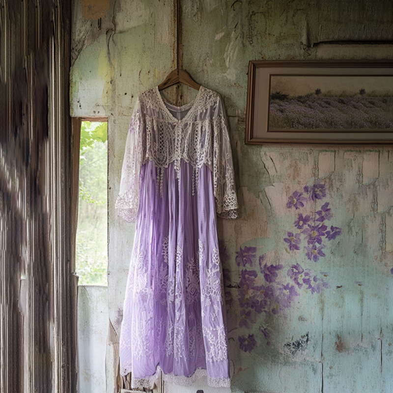 Vintage Lavender Gradient Lace Art Linen V Neck Maxi Dress artswardrobe
