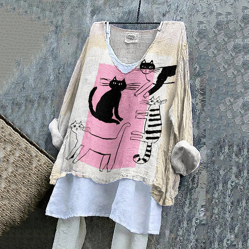 Women's Line Cat Art Cotton And Linen Long Sleeve T-shirt artswardrobe