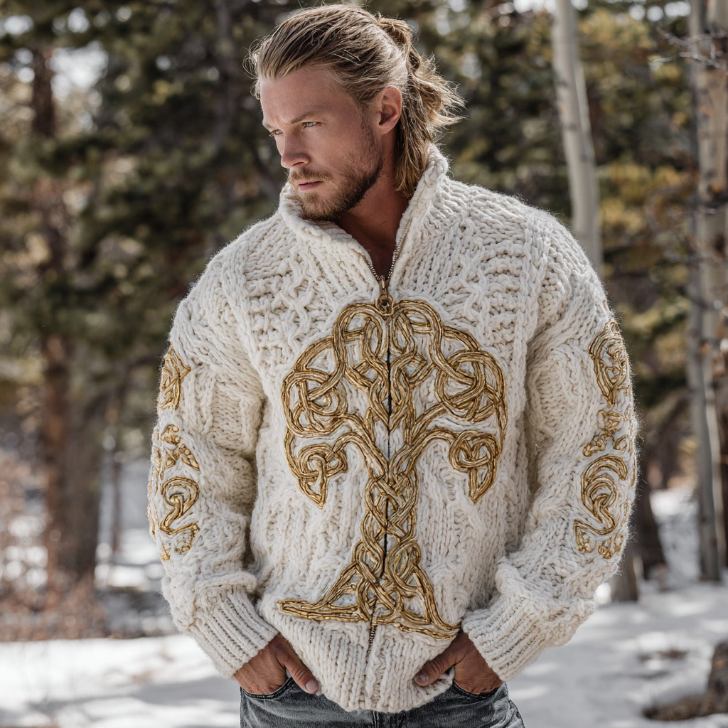 Men's Vintage Viking Tree Of Life Knitted Warm Zipper Sweater Cardigan artswardrobe