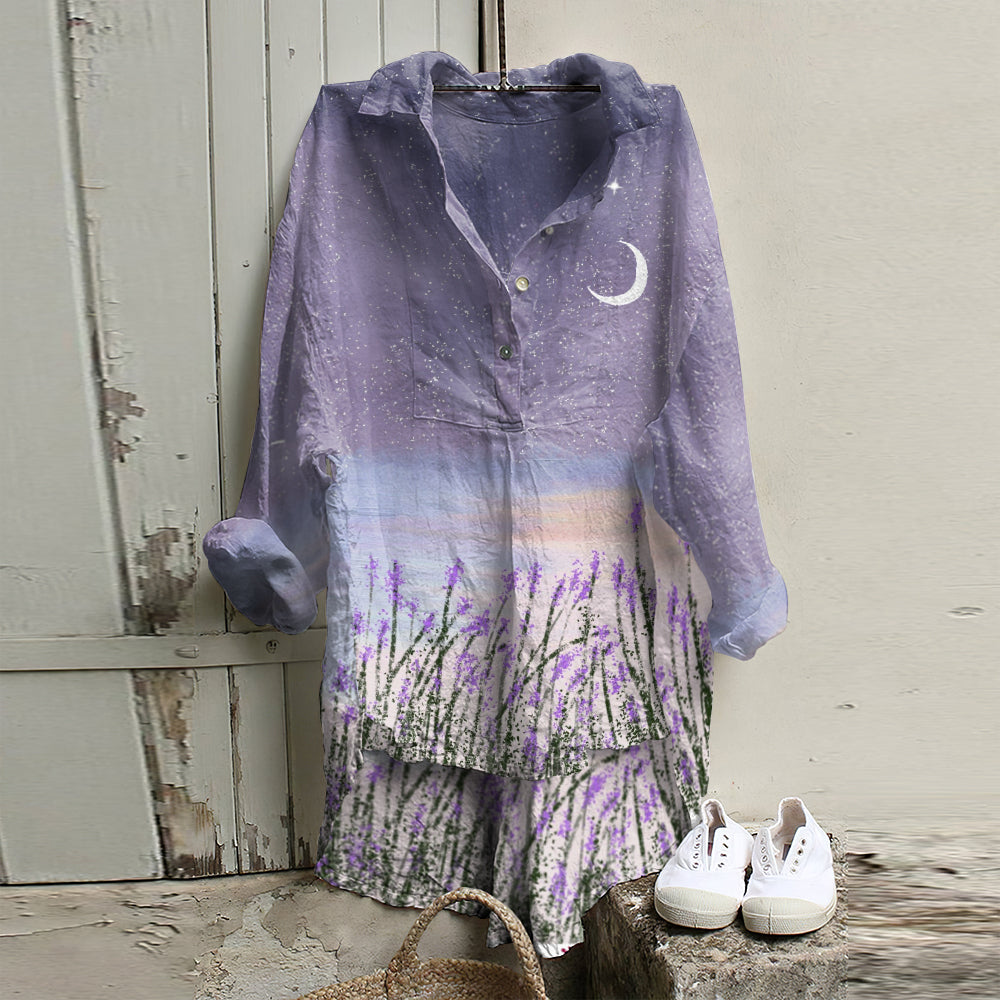 Comstylish Cozy Lavender Fields Under The Stars Cotton Blend Long Sleeve Casual Shirt