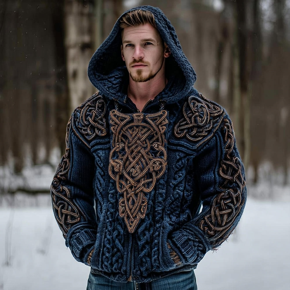 Men's Vintage Celtic Knot Jacquard Knit Hooded Sweater artswardrobe