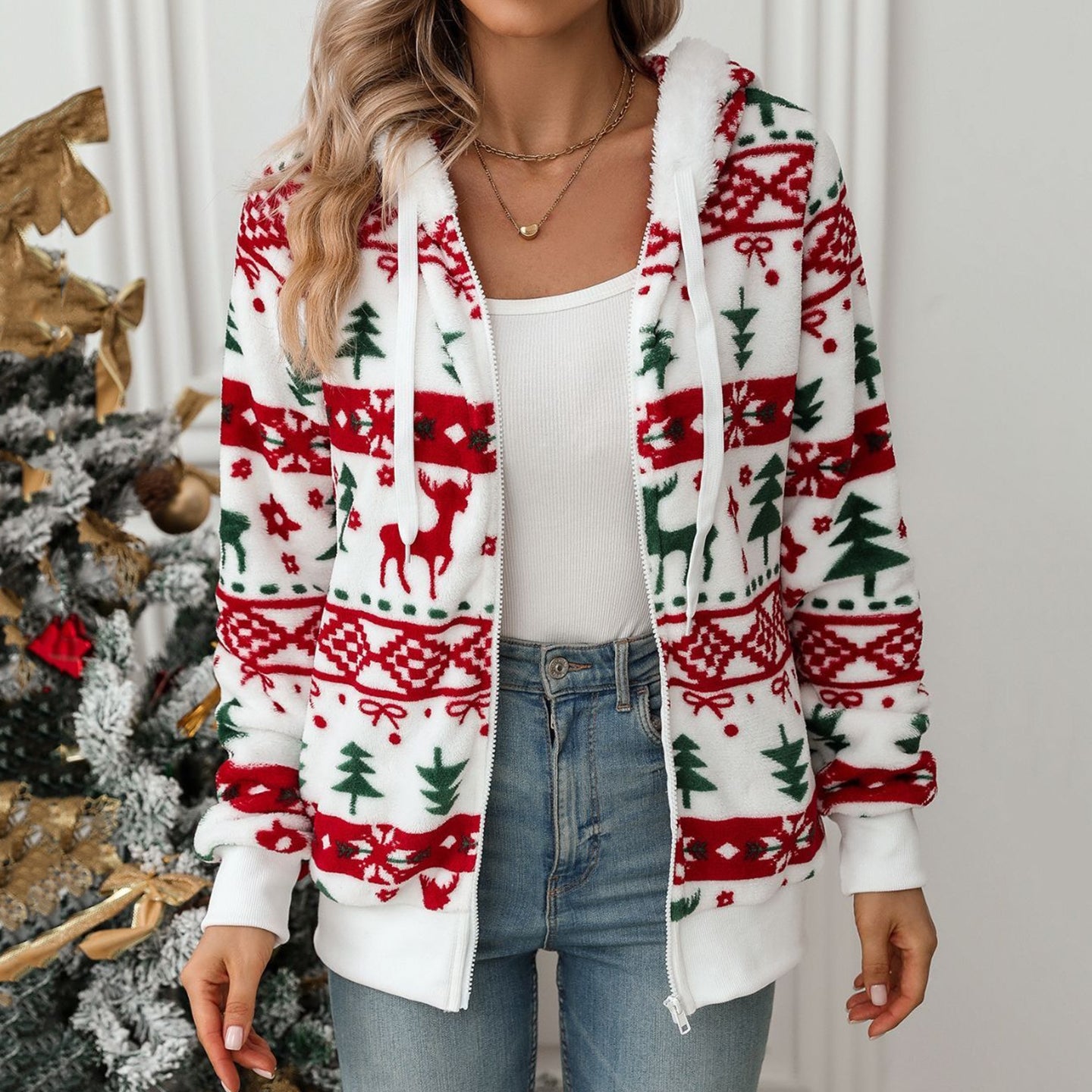 Comstylish Christmas Stripe Design Cozy Plush Hoodie