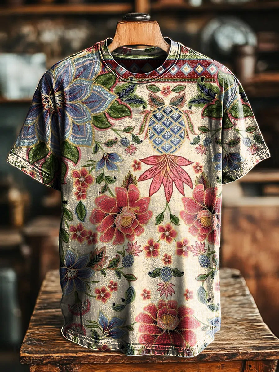 Ethnic Style Flowers Vintage Art Print Casual T-shirt For Men And Wome