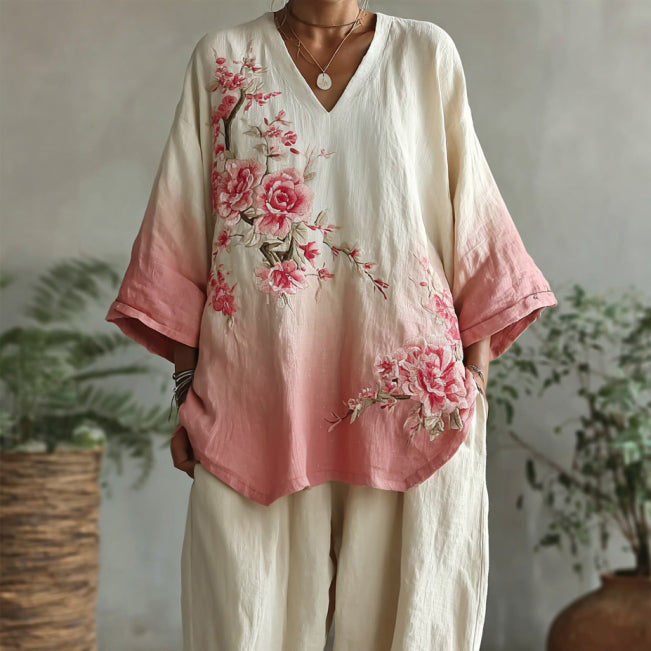Vintage Pink Floral Gradient Pattern Linen V Neck T-shirt artswardrobe