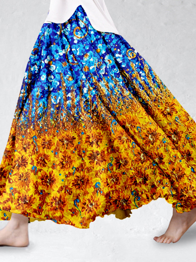 Ukrainian Flowers Oil Painting Flowy Linen Blend Wide Skirt artswardrobe