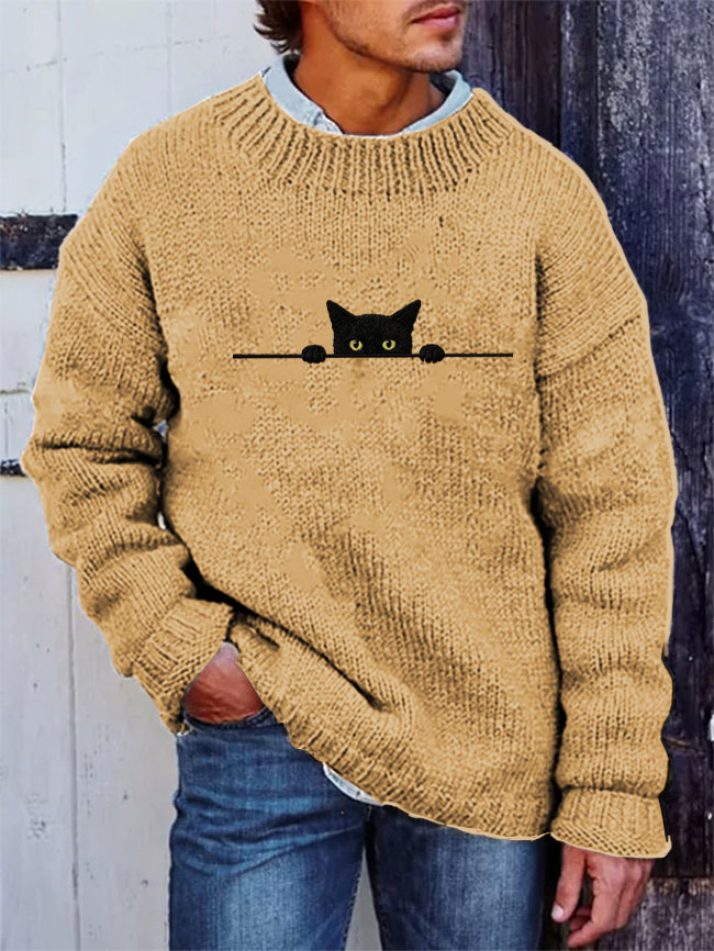 Men's Casual Funny Black Cat Print Sweater artswardrobe