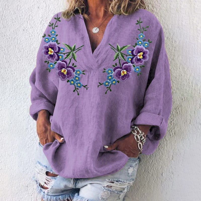 Comstylish Women's Purple Flower Art Print V Neck Casual Shirt