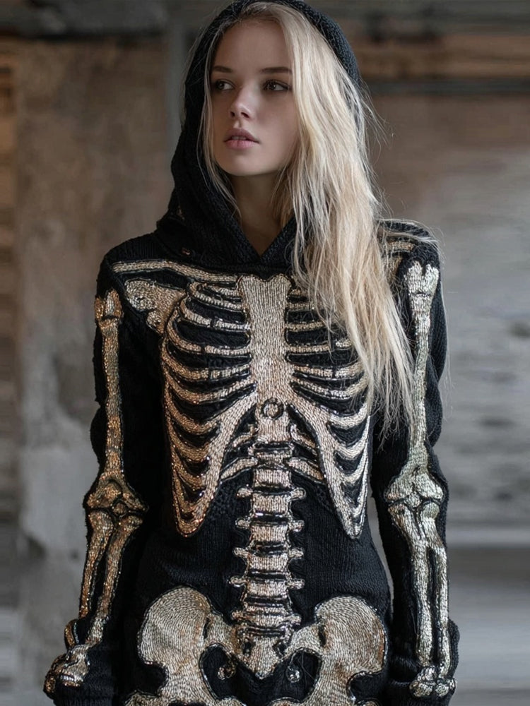 Halloween Skeleton Glitter Cozy Knit Hooded Sweater artswardrobe