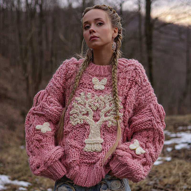 Women's Vintage Viking Tree Of Life Knitted Jacquard Warm Crew Neck Sweater artswardrobe