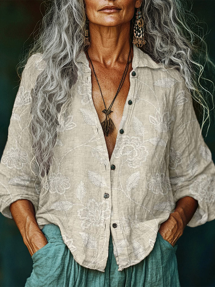 Comstylish Vintage Floral Embroidered Linen Blend Comfy Blouse