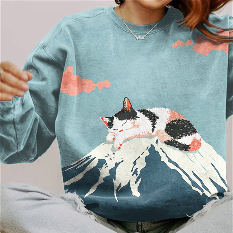 Abstract Creative Lazy Cat Sleeping On Mount Fuji Painting Art Print Sweatshirt elevenforest