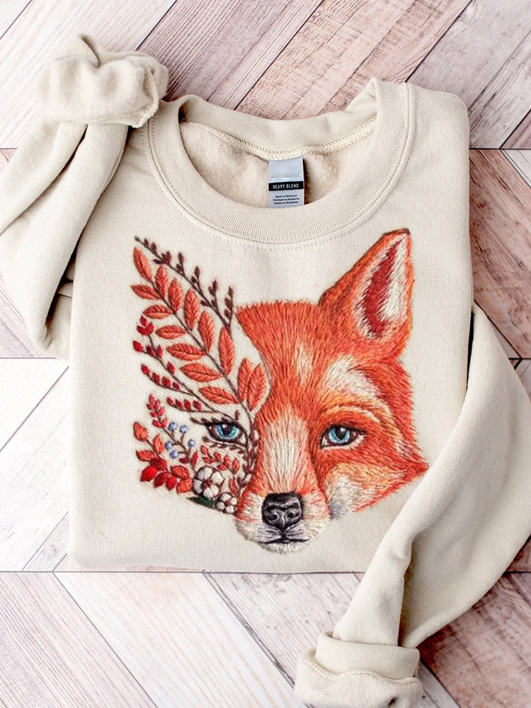 Forest Fox Floral Embroidery Art Comfy Sweatshirt artswardrobe