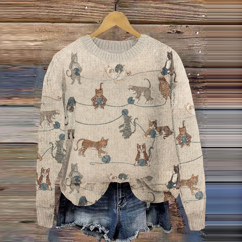Vintage Playful Cats Embroidered Women's Sweater elevenforest