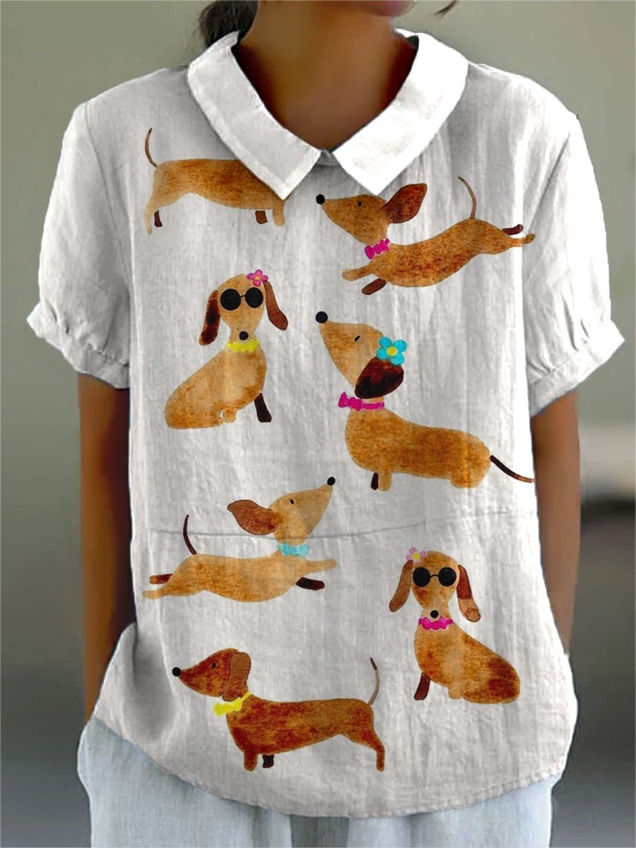Women's Cute Dachshund Print Casual Cotton And Linen Shirt