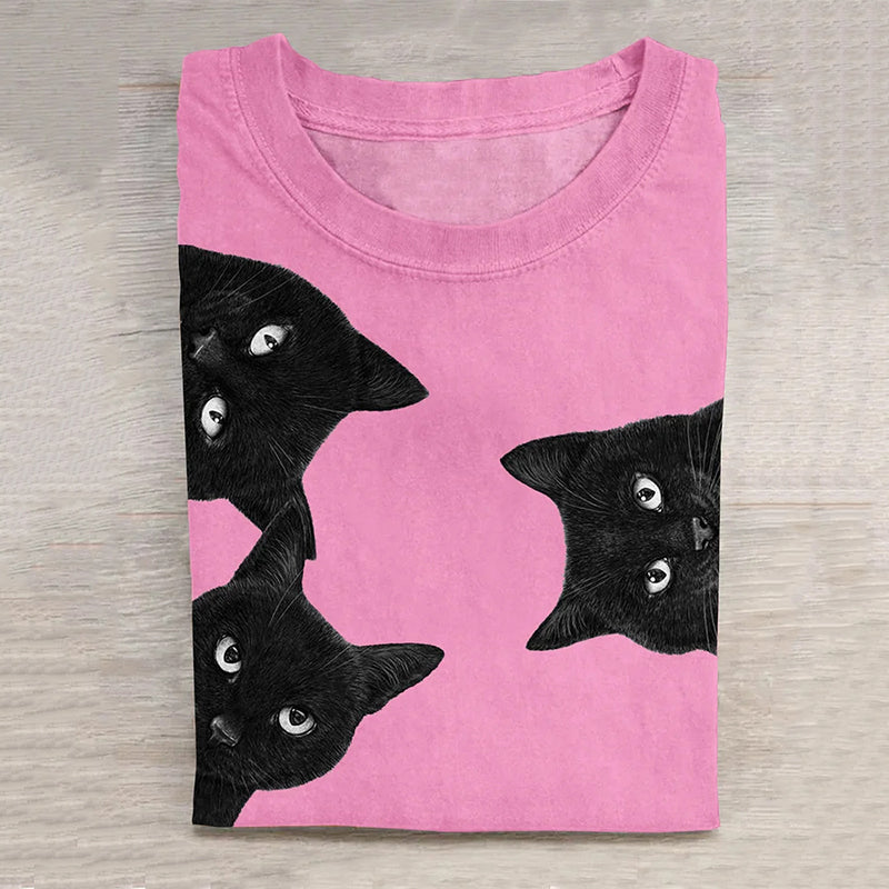 Unisex Black Cat Art Print Casual Tee elevenforest