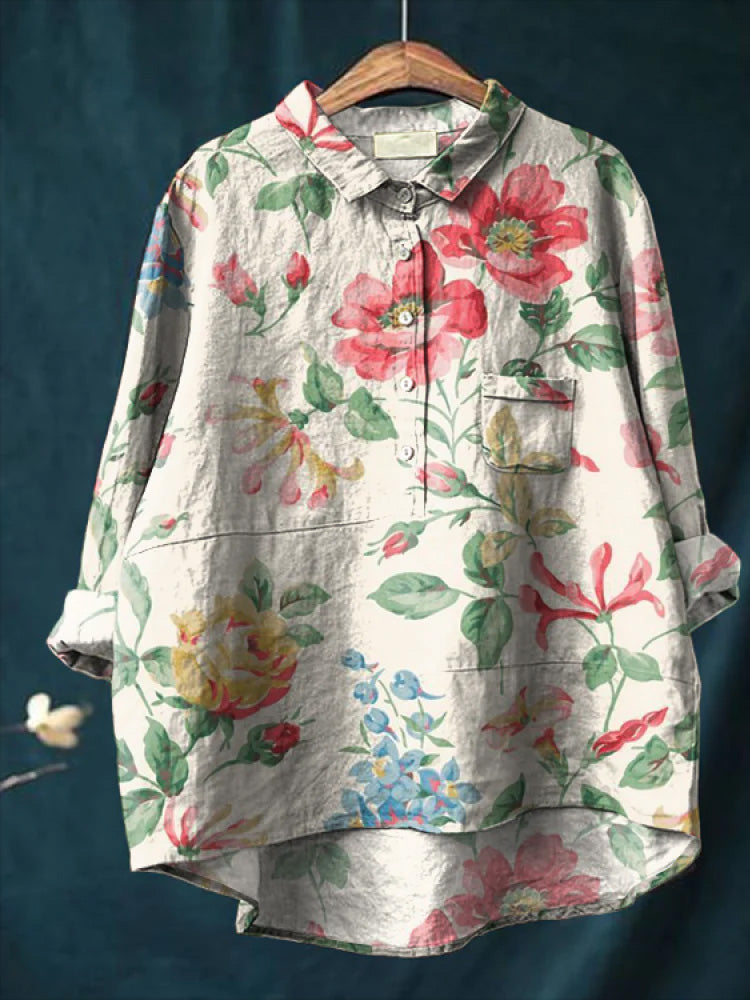 Ink Painting Flowers Leaves And Plants Print Cotton And Linen Shirt