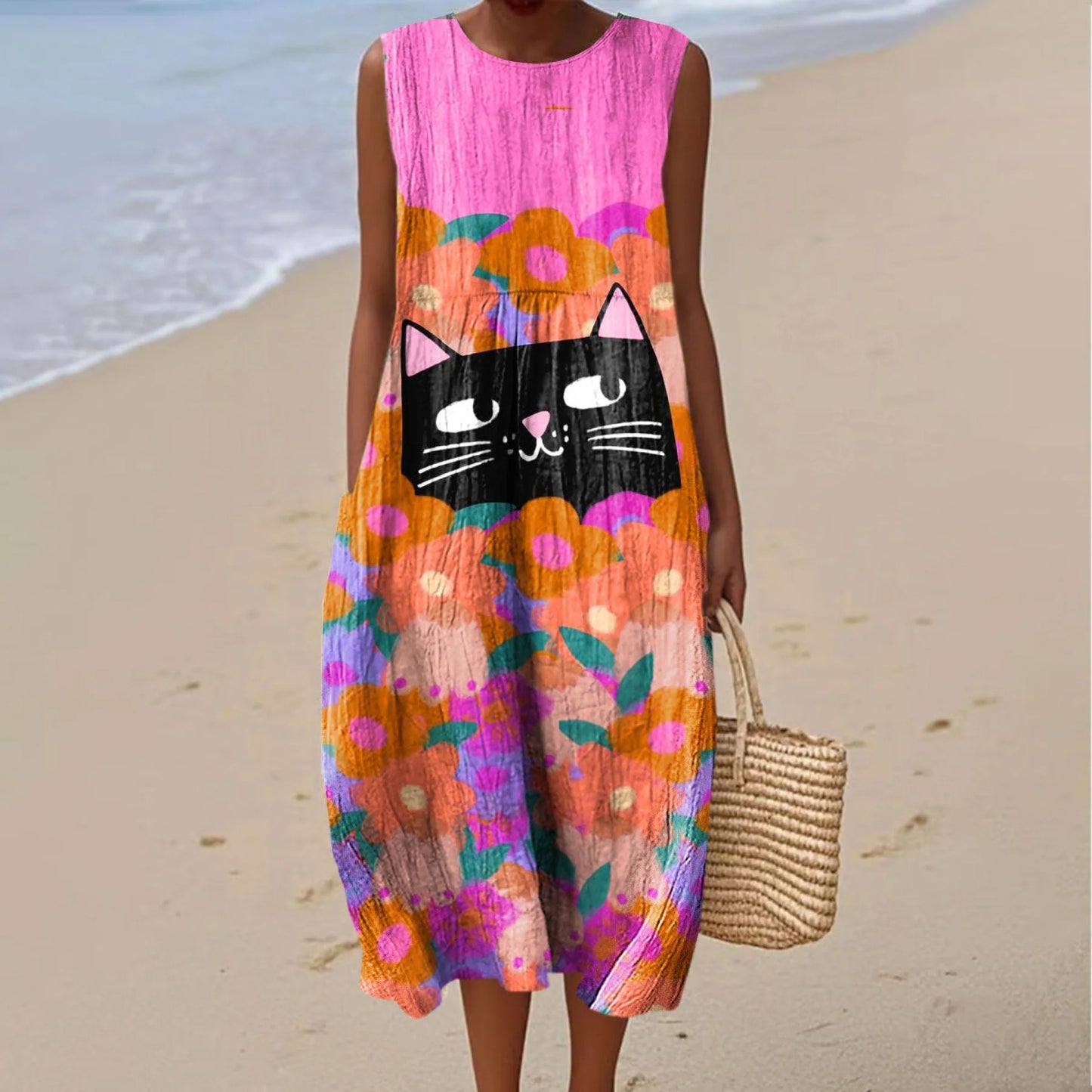 Women's Vintage Cute Cat Print Casual Dress elevenforest