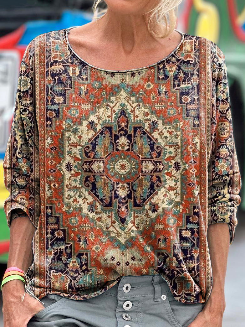 Retro National Floral Geometric patterns Women's Art Print Casual Long