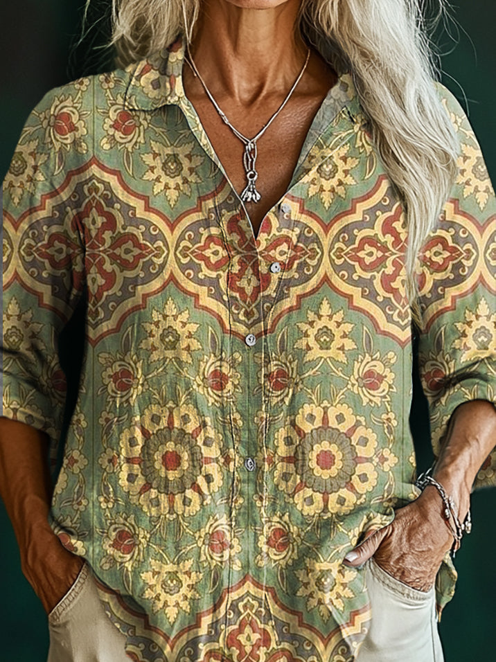 Women's Vintage Bohemian Floral Art Pattern Print Casual Cotton Shirt