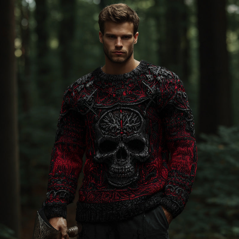 Men's Vintage Halloween Skull Viking Art Knit Sweater artswardrobe