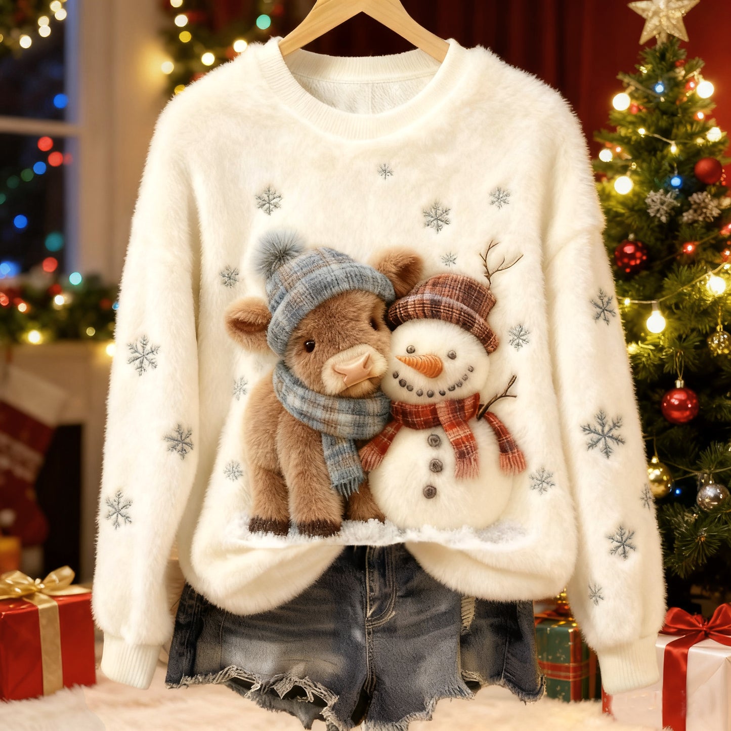 Cute Highland Cow And Snowman Art Plush Pattern Christmas Sweater artswardrobe