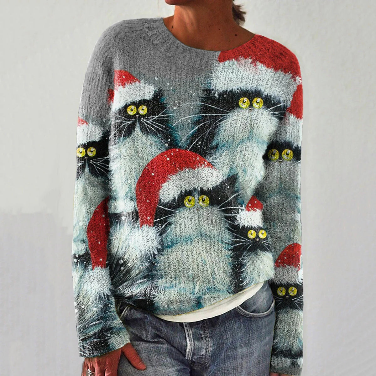 Funny Christmas Cat Print Casual Knit Pullover Sweater elevenforest
