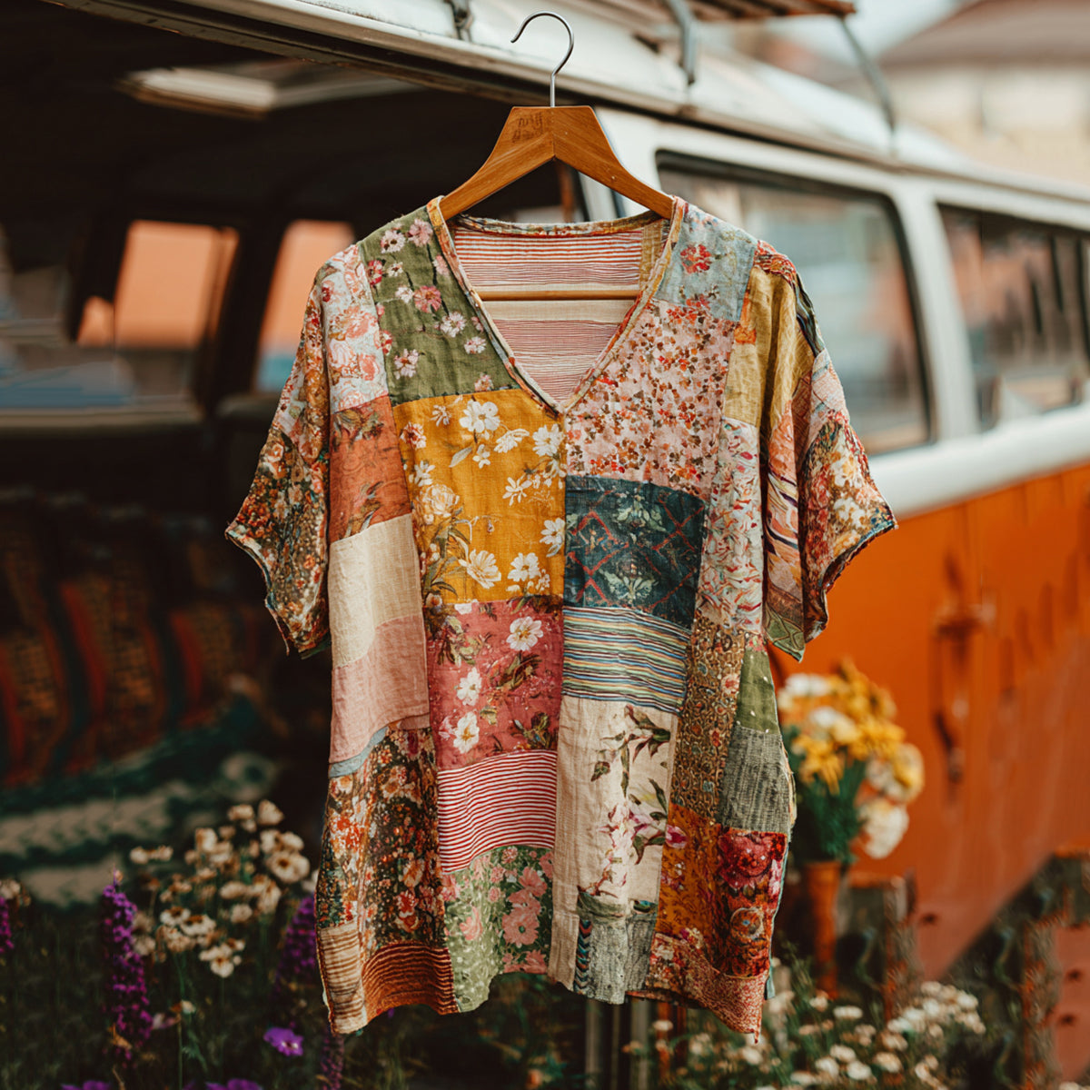 Countryside Style Collection Classy Patchwork Floral Pattern Art Linen Short Sleeve Tshirt artswardrobe