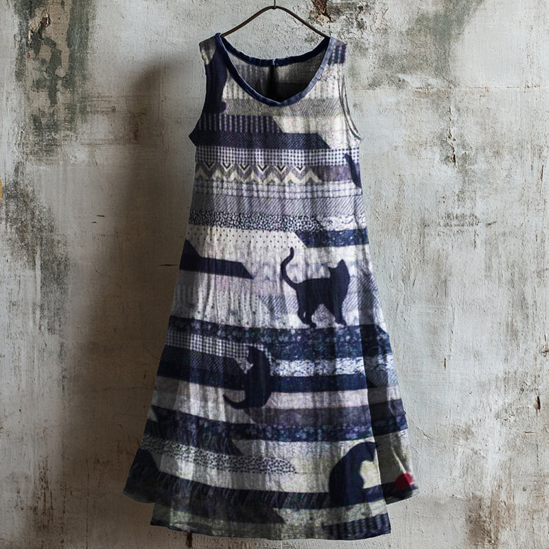 Comstylish Cats Patchwork Textile Linen Tank Dress