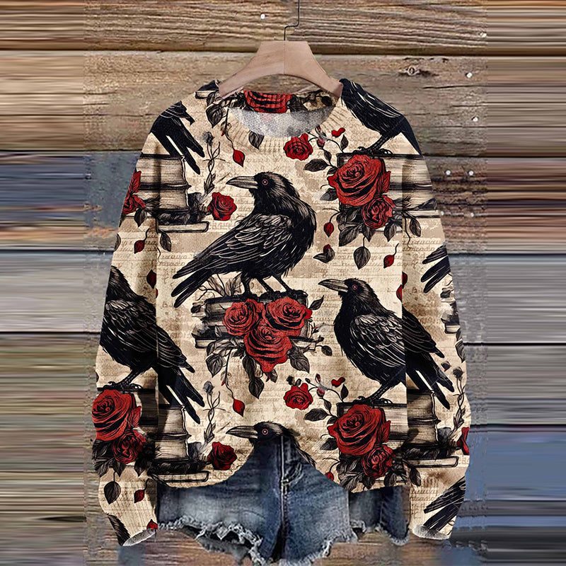 Crow Flower Autumn Season Halloween Art Print Knit Pullover Sweater artswardrobe
